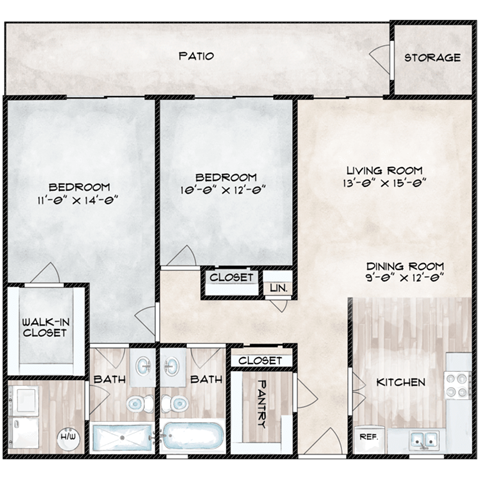 Floor plan for 2 beds, 2 baths, 1008 sqft